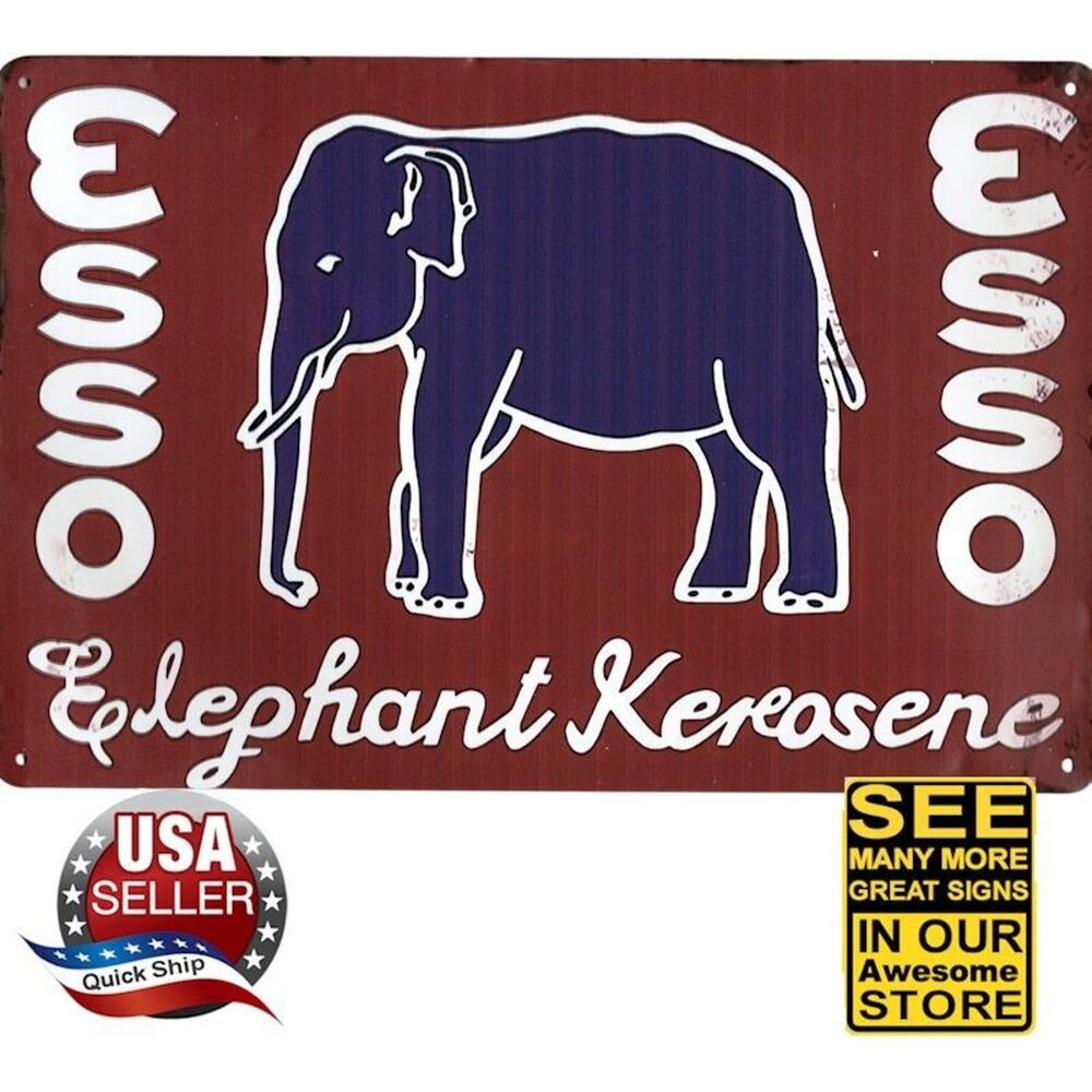 Metal Tin Petroliana Sign • Esso (Blue) Elephant Kerosene • 12in x 8in